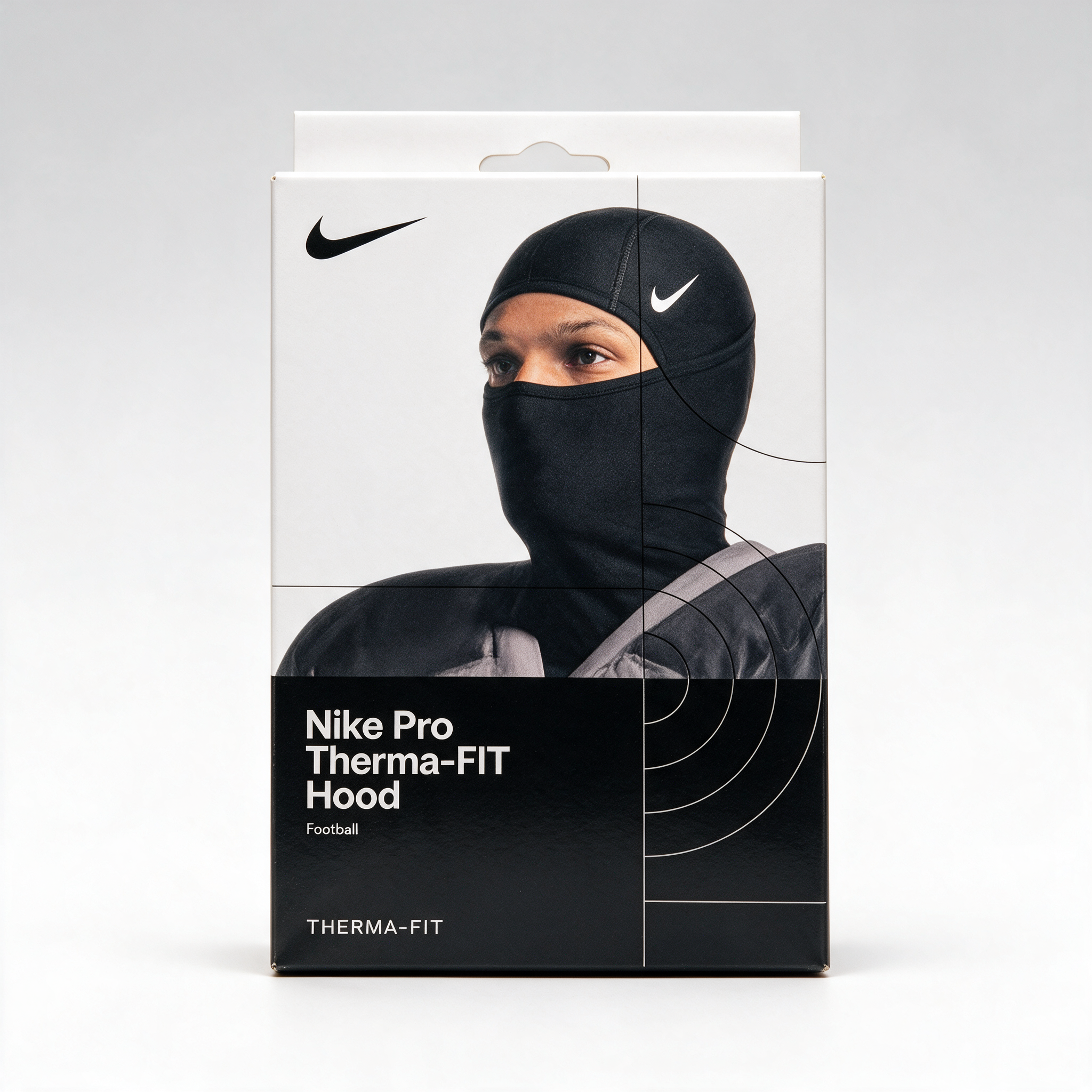 Nike Pro Football Hood in black, front view in retail packaging