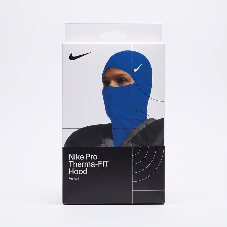 Nike Pro Football Hood in blue, front view in retail packaging